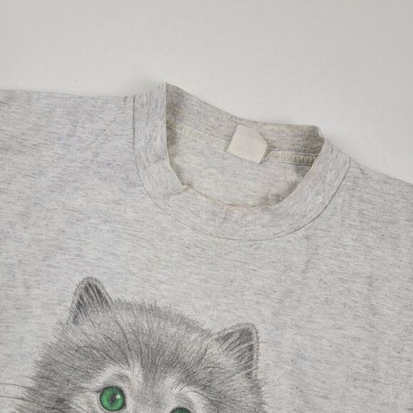Vintage Cat Shirt Mens Large White Kitten 90s T Tee Distressed S/S - Picture 11 of 12